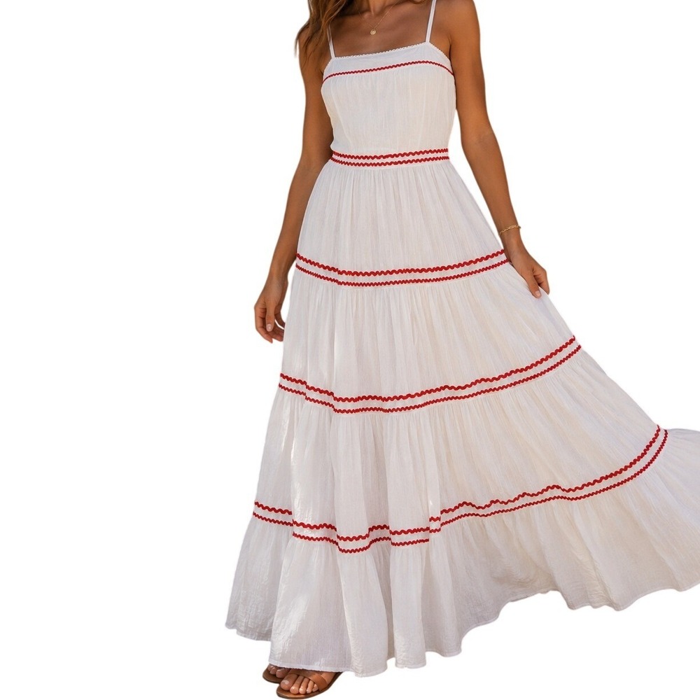 9seed White Gauze And Red Ric Rac Trim Maxi Dress Women's M/L